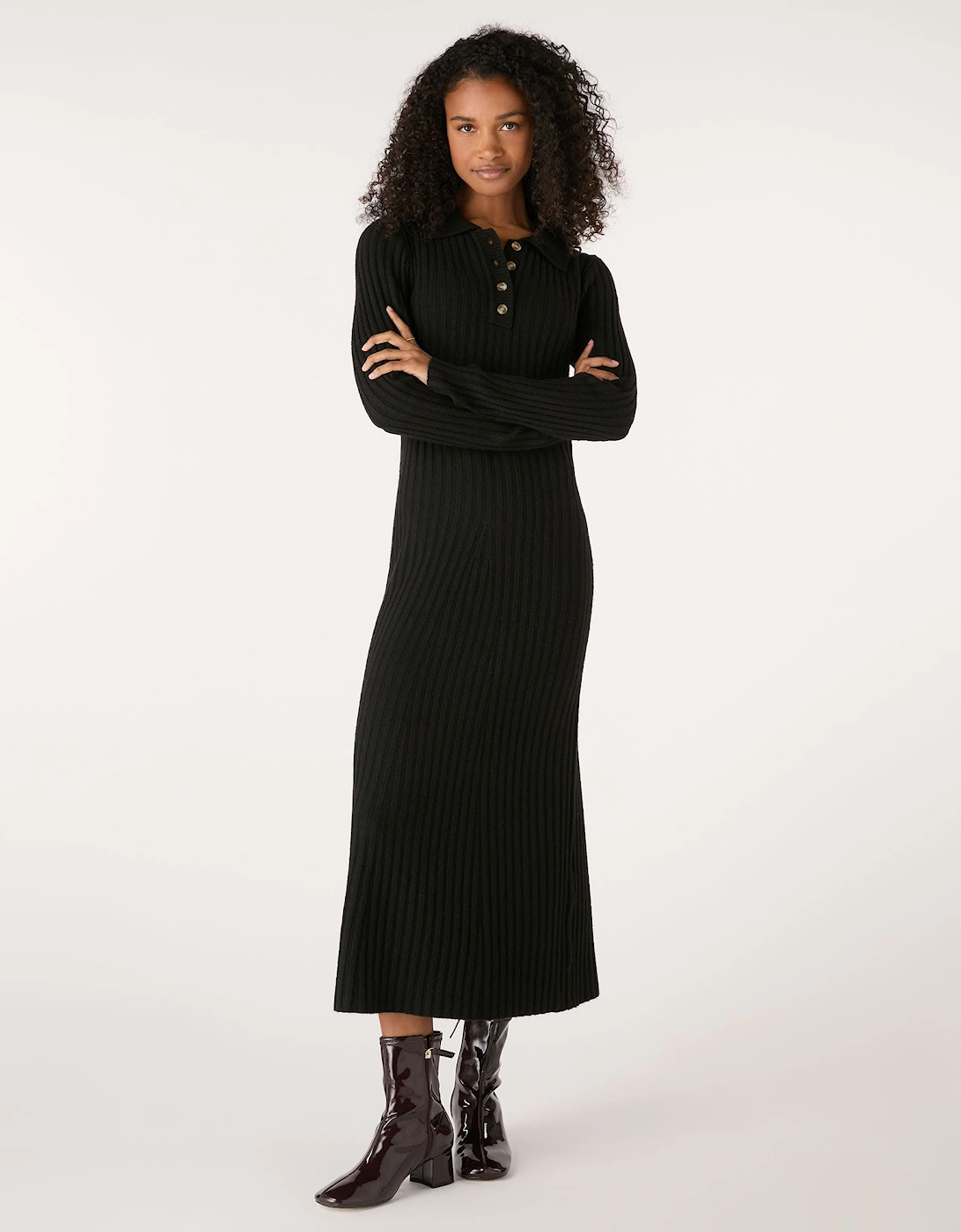 Henley Ribbed Placket Dress in Black, 7 of 6