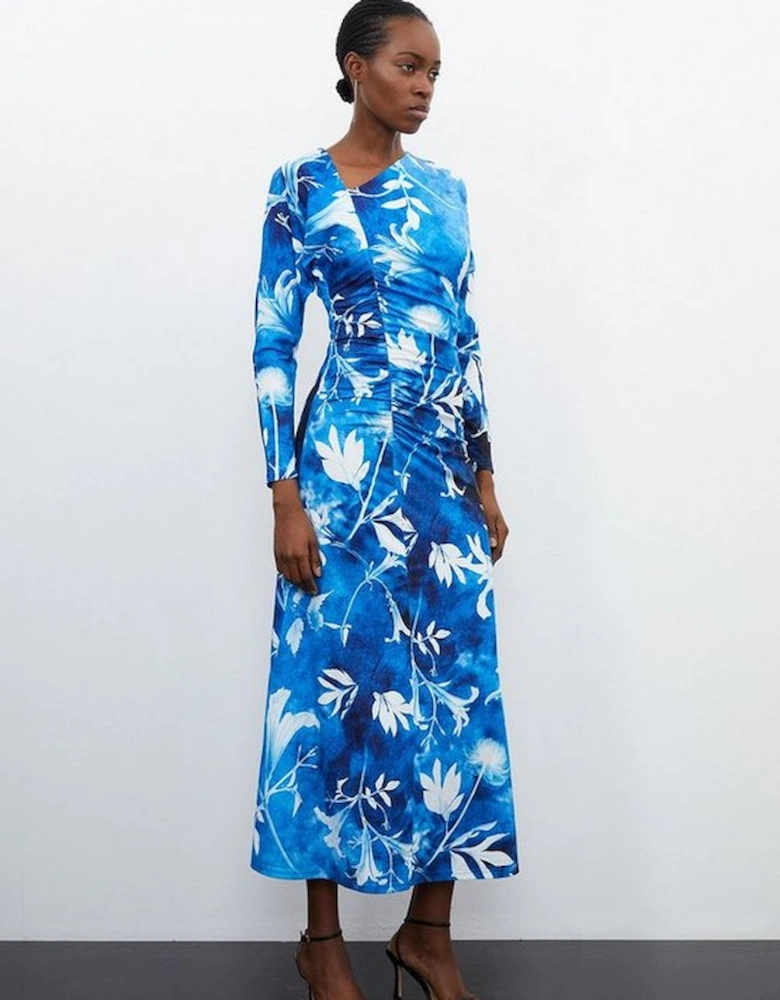 Pressed Floral Print Asymmetric Jersey Crepe Maxi Dress