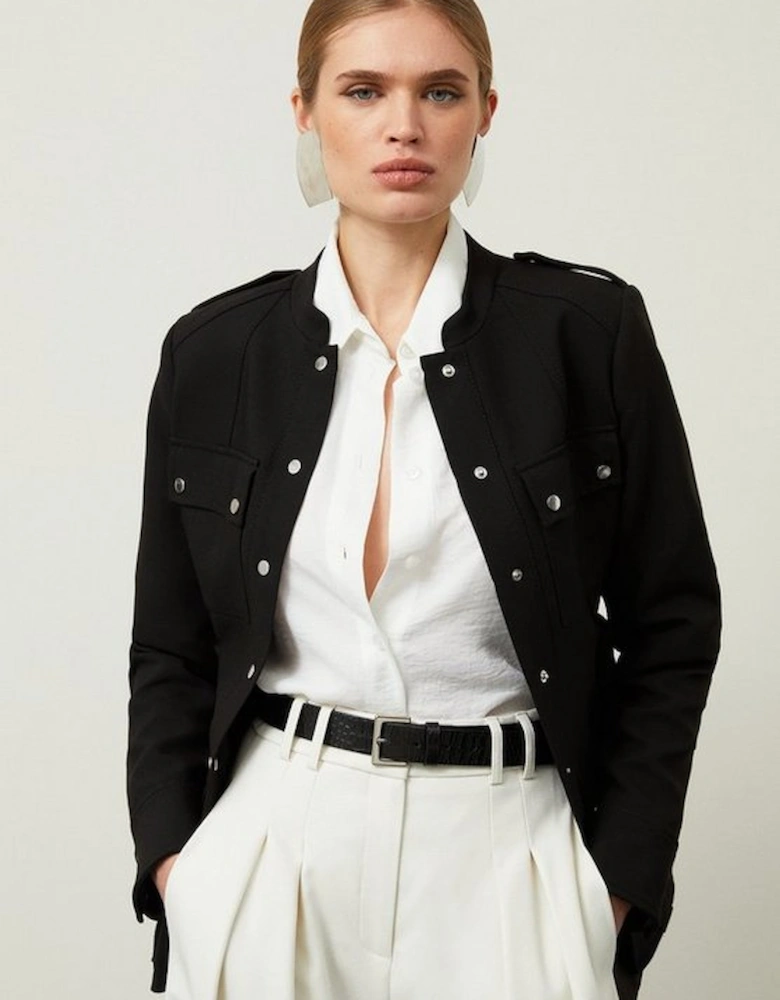 Compact Stretch Tailored Belted Button Through Jacket