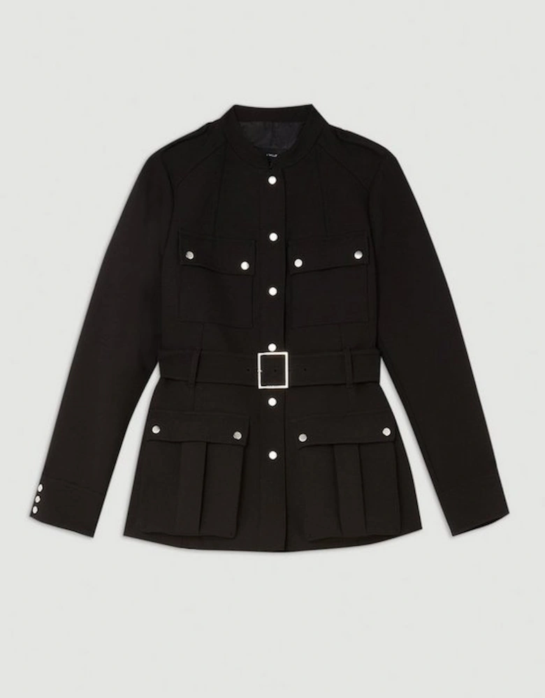 Compact Stretch Tailored Belted Button Through Jacket