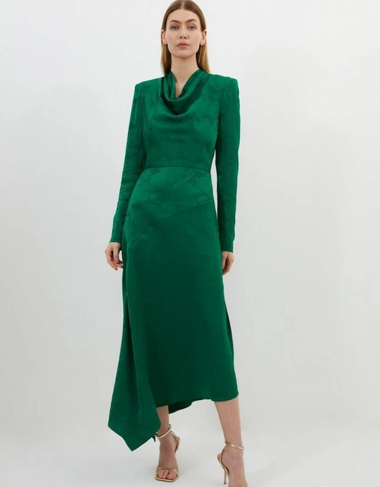 Premium Jacquard Cowl Long Sleeve Woven Midi Dress