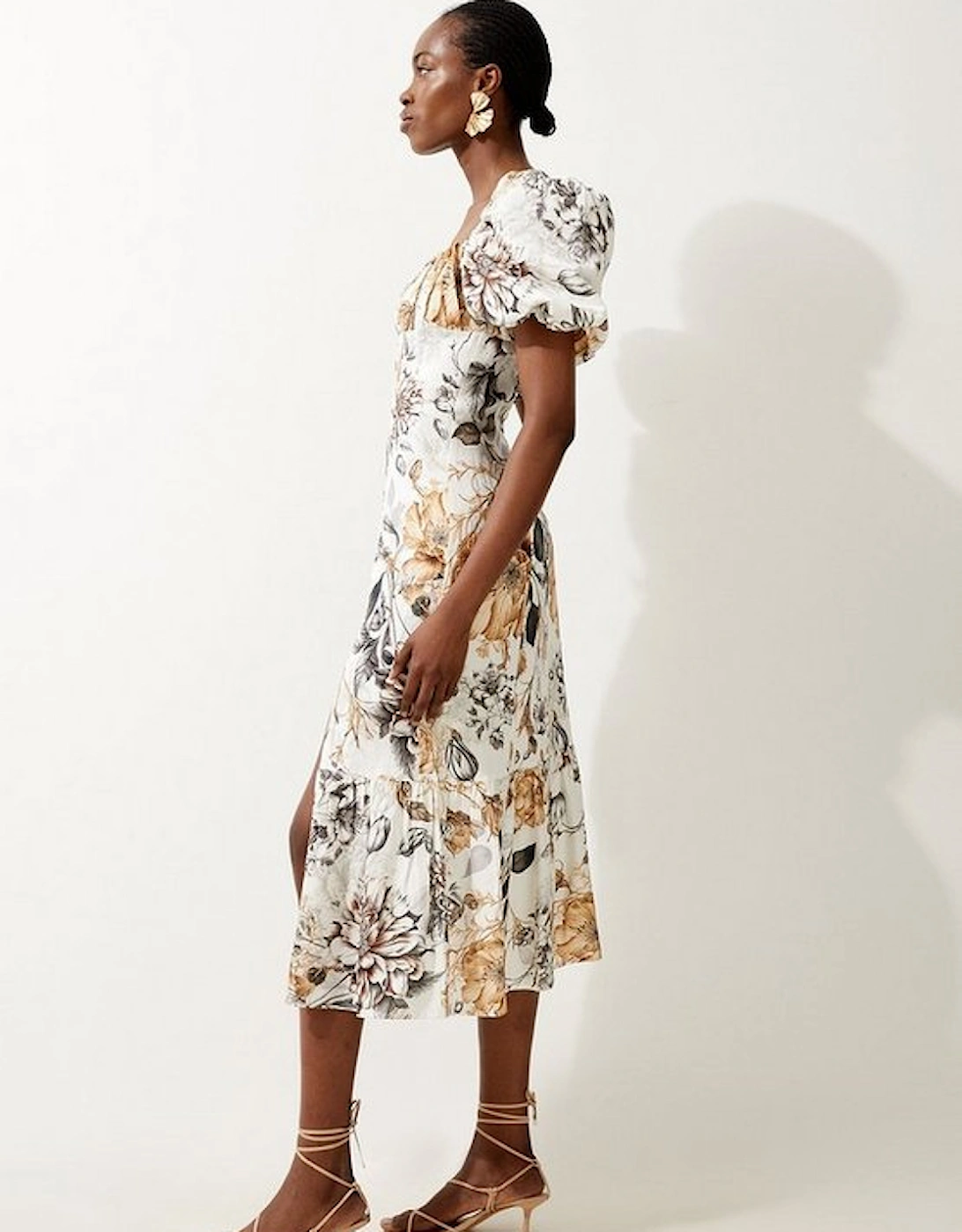 Spring Floral Viscose Linen Woven Puff Sleeve Midi Dress