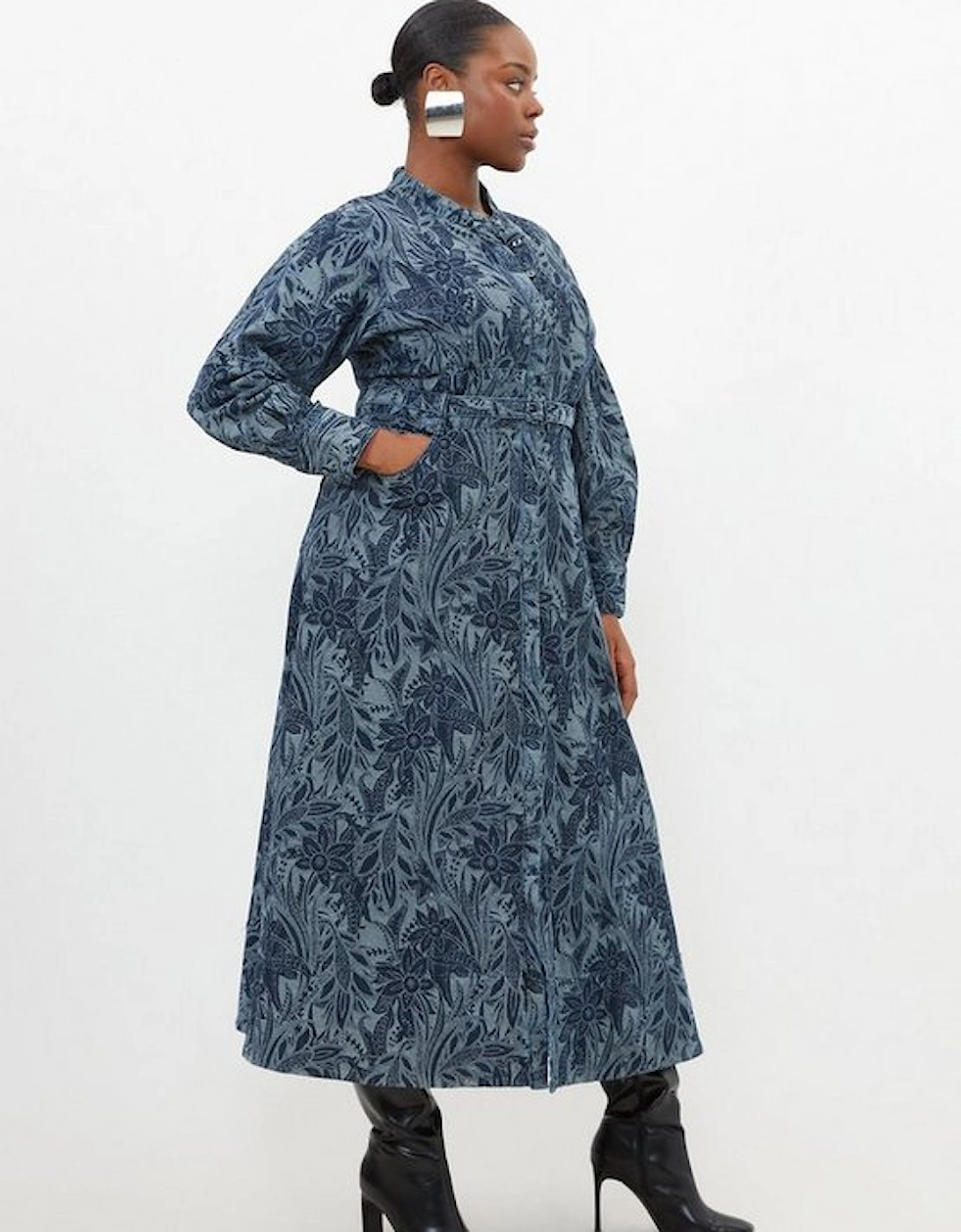 Plus Size Denim Floral Jacquard Woven Midi Dress