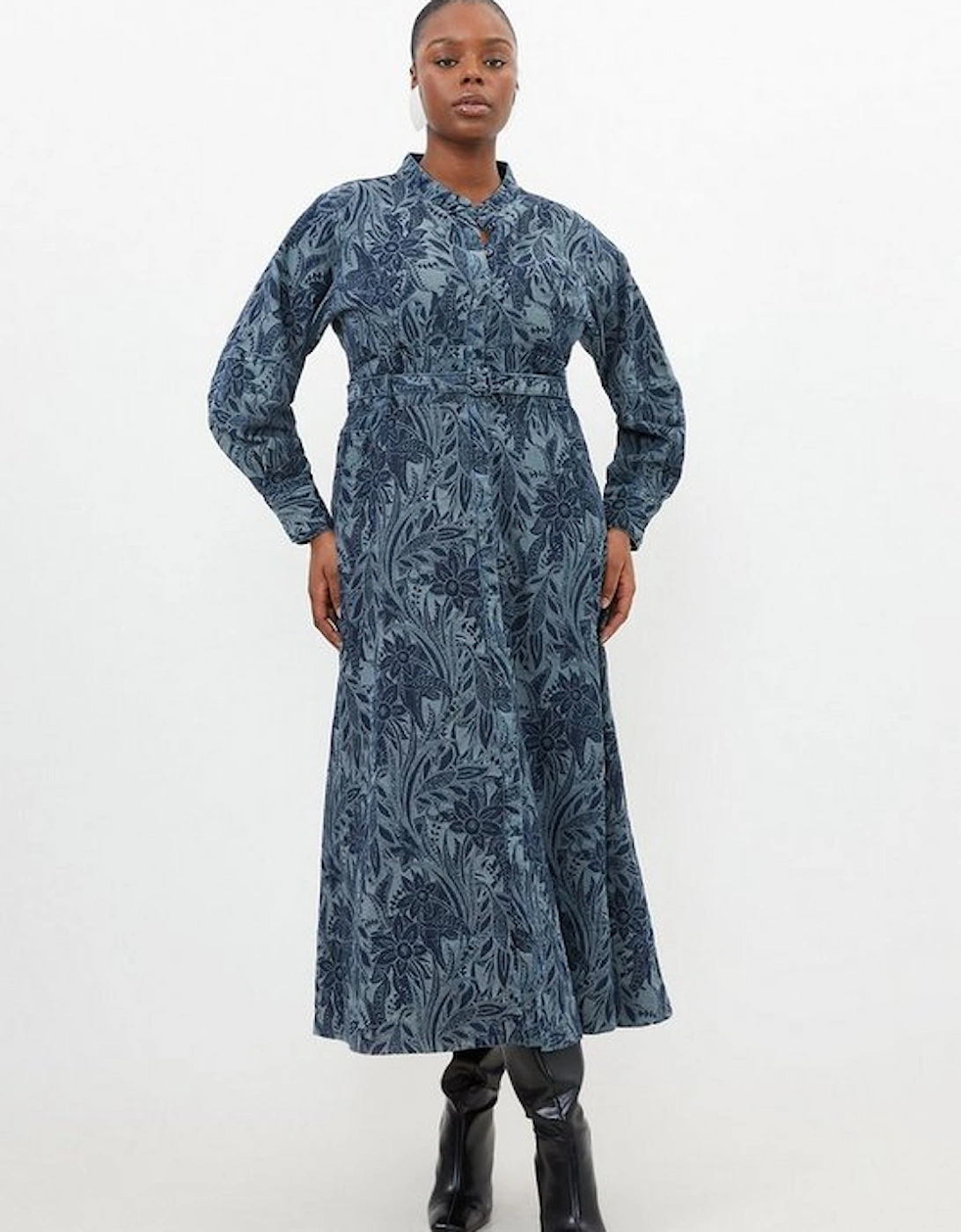 Plus Size Denim Floral Jacquard Woven Midi Dress, 5 of 4