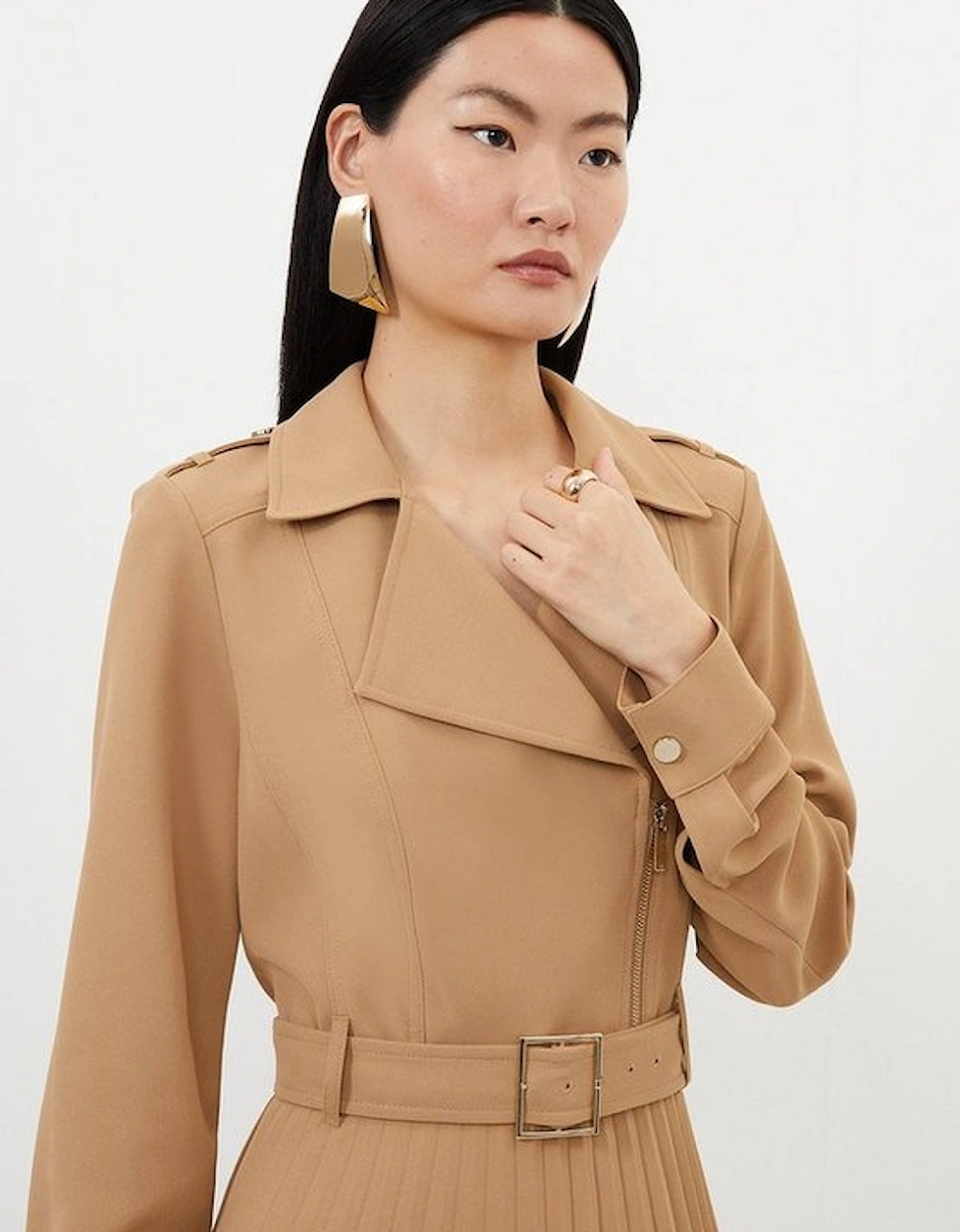 Tailored Crepe Belted Pleated Skirt Midi Shirt Dress