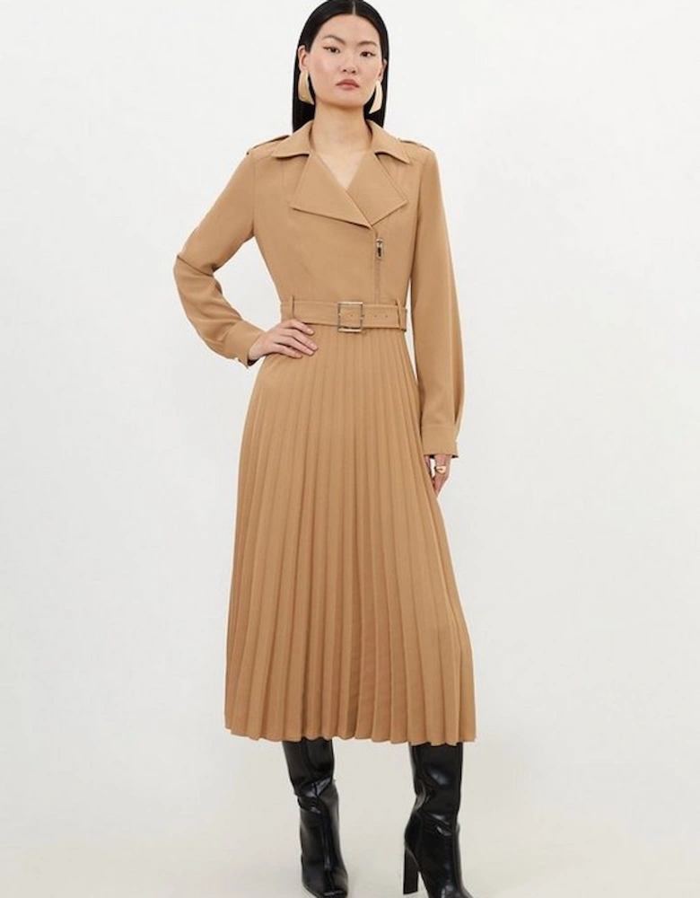 Tailored Crepe Belted Pleated Skirt Midi Shirt Dress