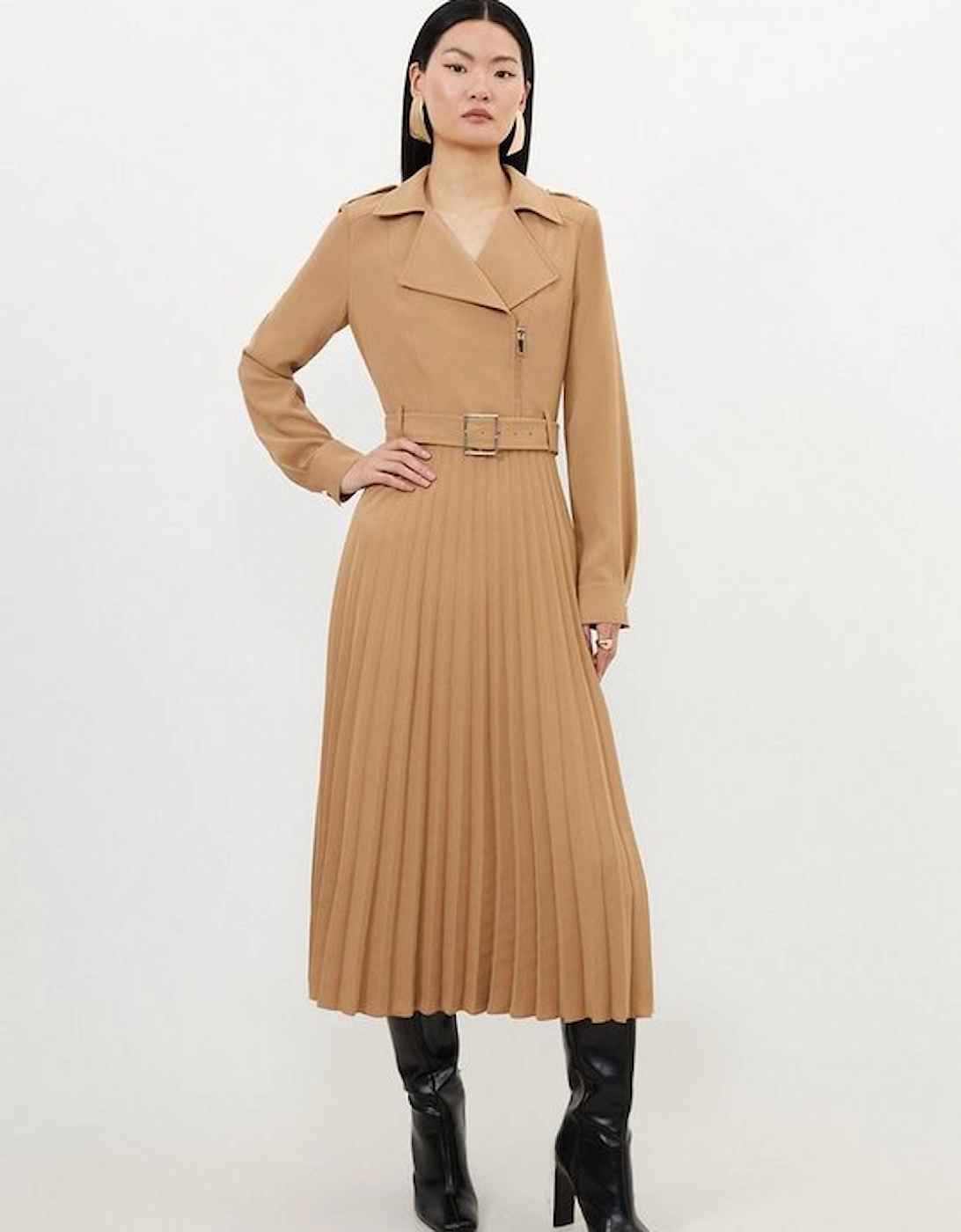 Tailored Crepe Belted Pleated Skirt Midi Shirt Dress, 5 of 4