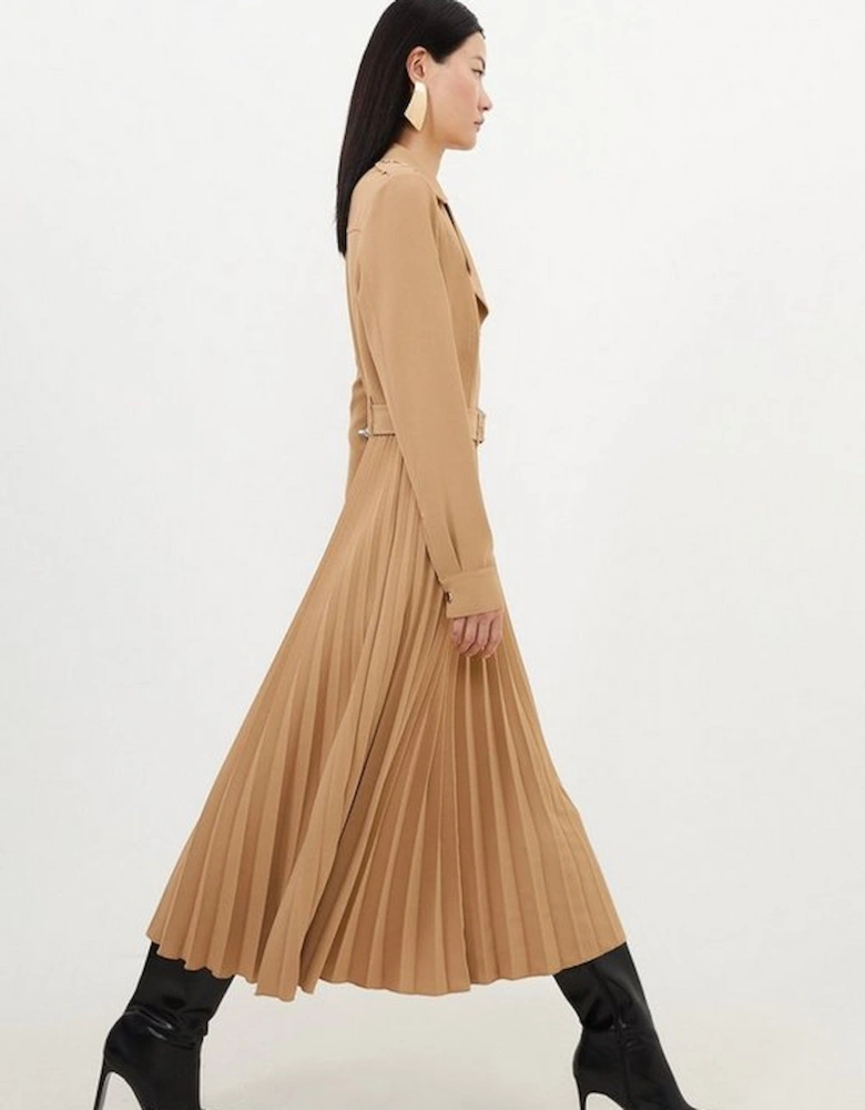 Tailored Crepe Belted Pleated Skirt Midi Shirt Dress