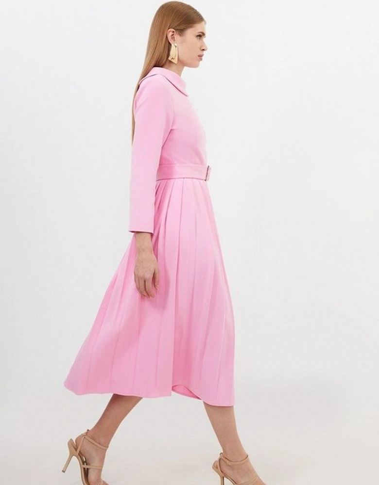 Tailored Structured Crepe Roll Neck Pleated Midi Dress