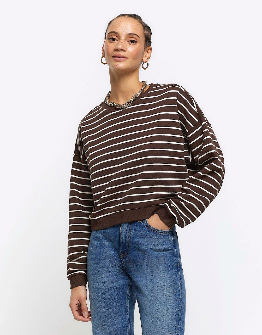 Stripe Cropped Sweat - Brown, 6 of 5