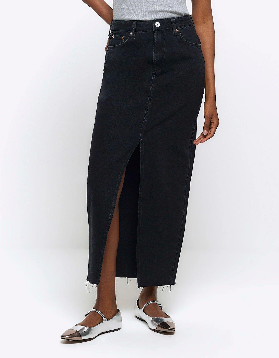 Split Front Denim Maxi Skirt - Black, 3 of 2