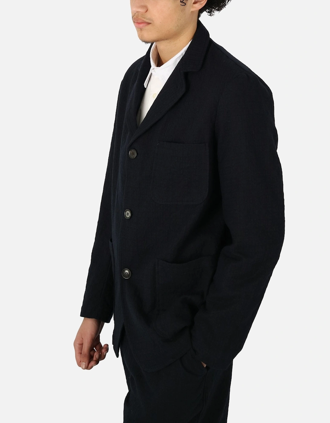 Wool Cotton Check Three Button Navy Jacket