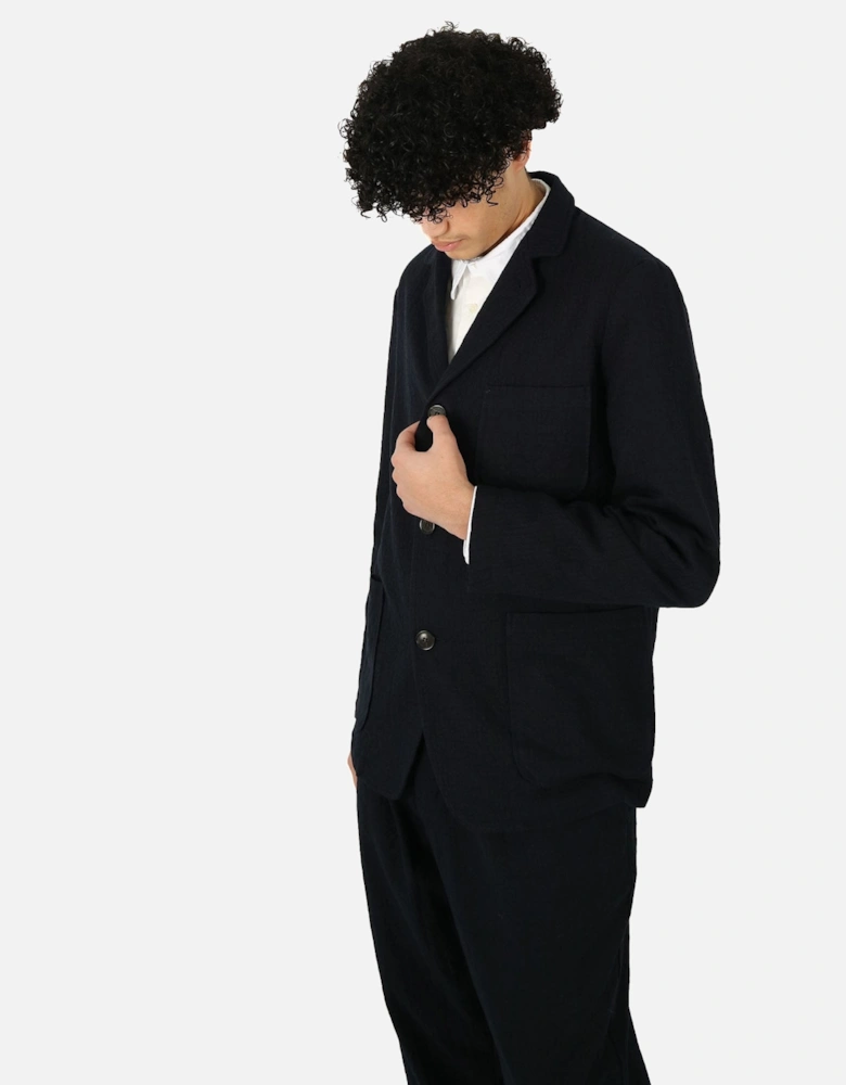 Wool Cotton Check Three Button Navy Jacket