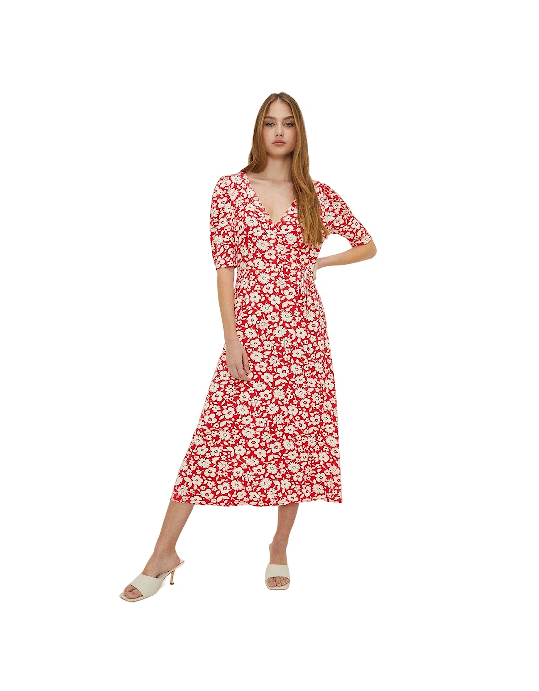 Womens/Ladies Floral Wrap Ruched Midi Dress, 4 of 3