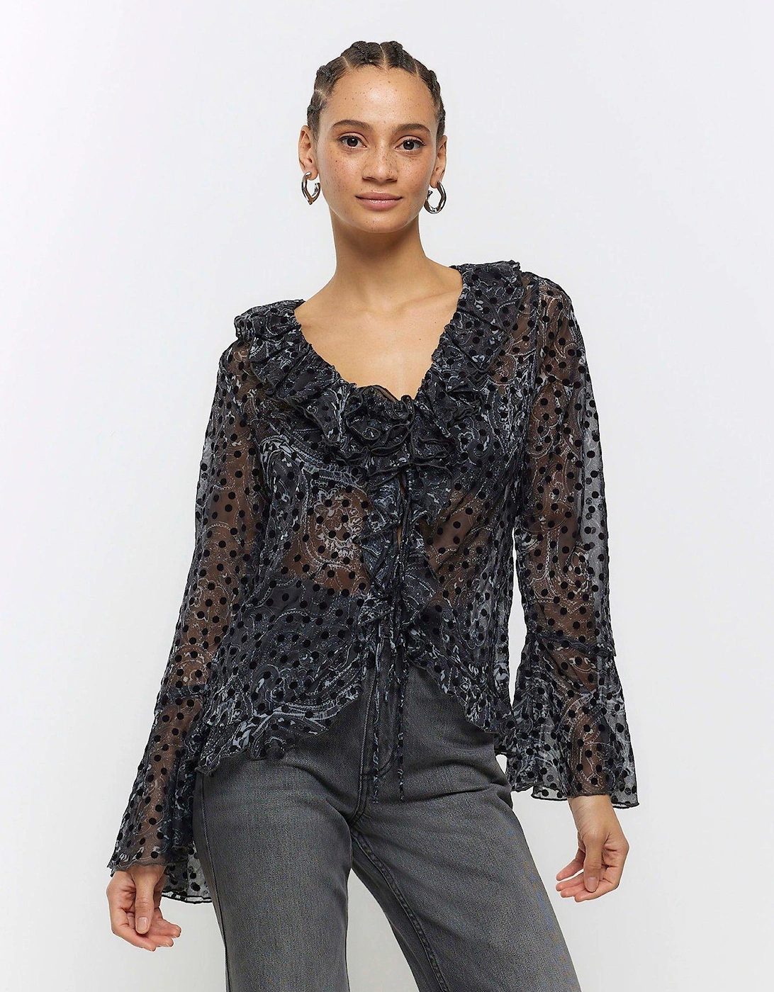 Corsage Frill Blouse - Black, 4 of 3