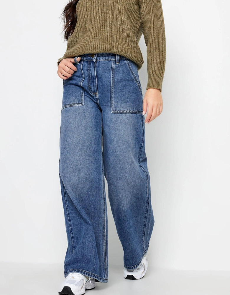 Petite Mid Blue Patch Pocket Wide Leg Jean
