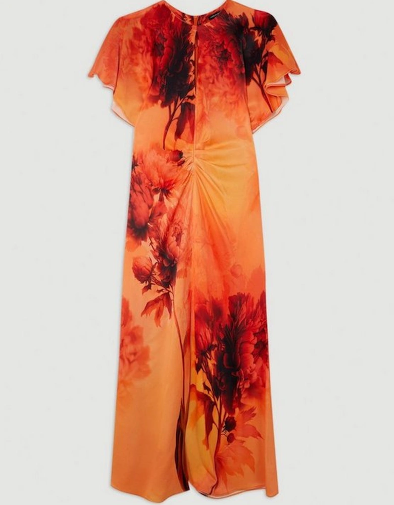 Floral Print Satin Crepe Woven Angel Sleeve Midi Dress