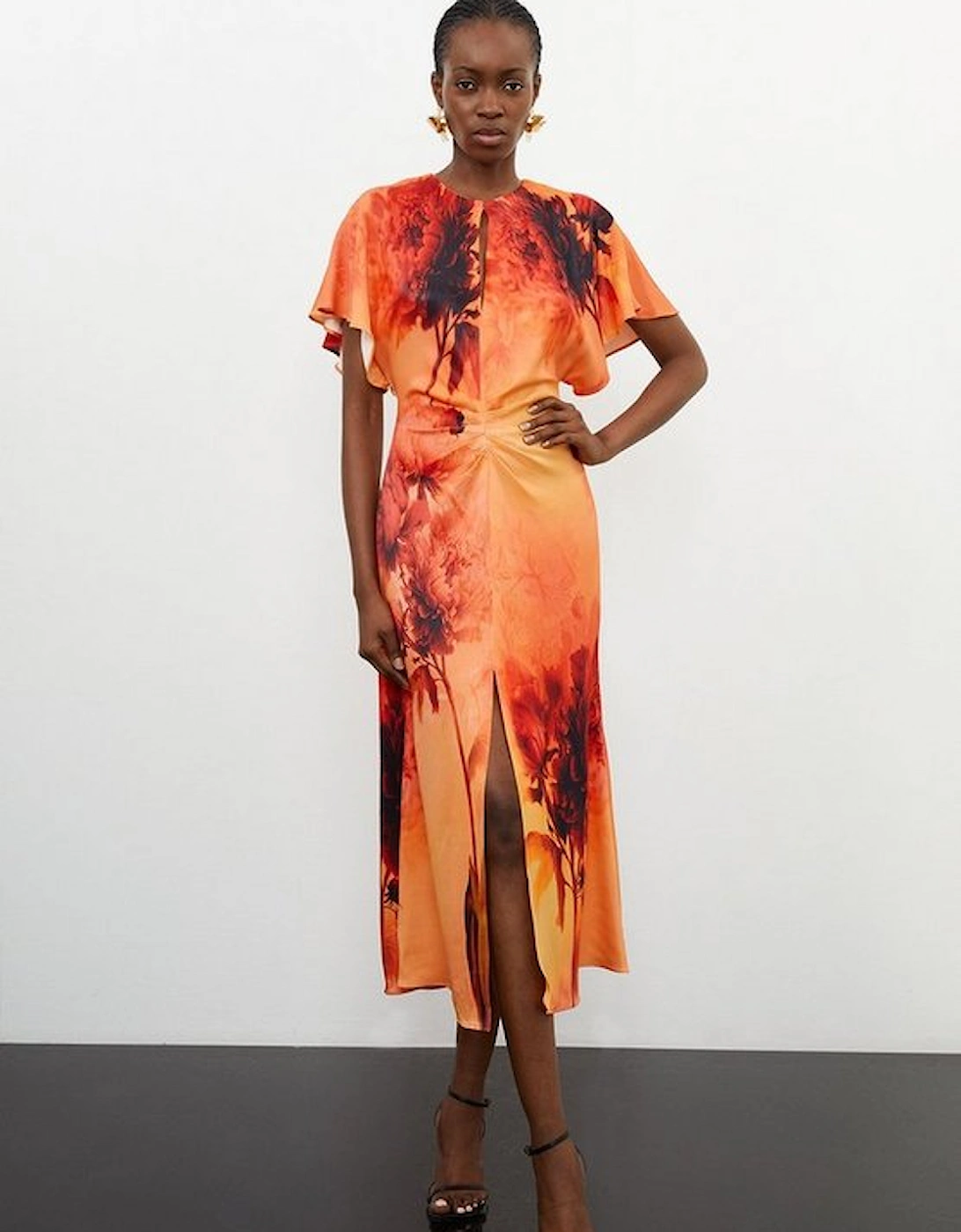 Floral Print Satin Crepe Woven Angel Sleeve Midi Dress, 5 of 4