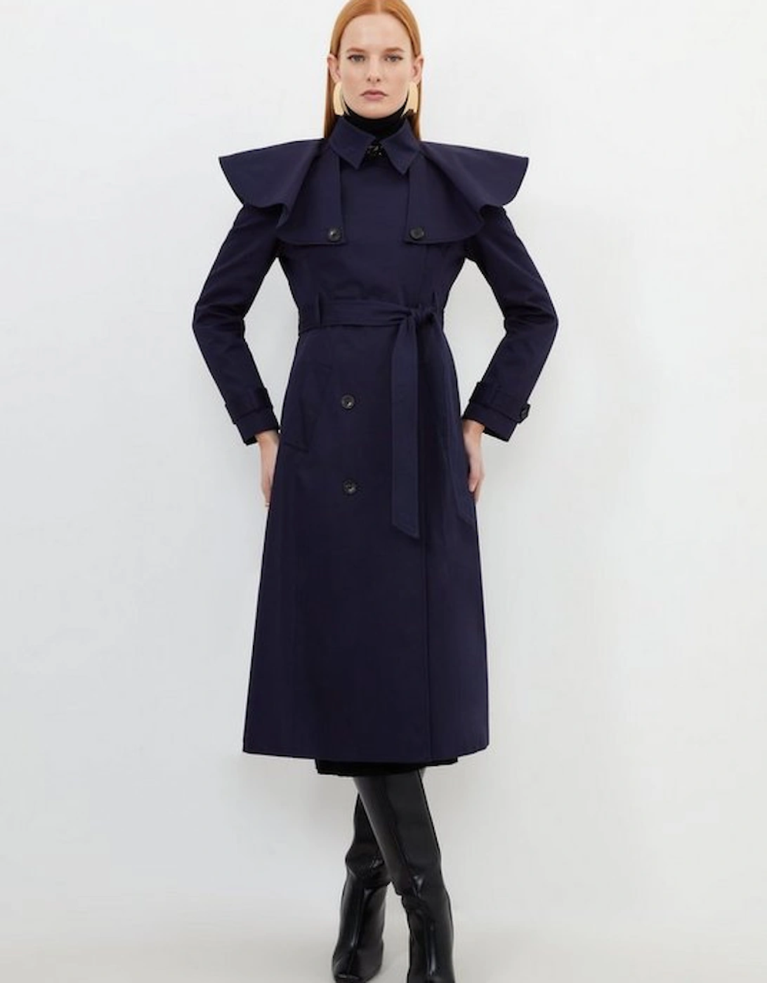 Tailored Draped Storm Flap Detail Belted Trench Coat