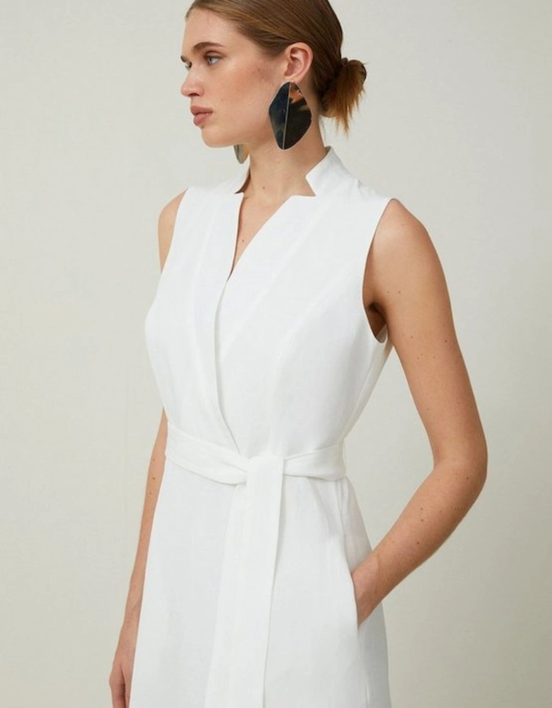 Petite Premium Tailored Linen Notch Neck Belted Midaxi Dress