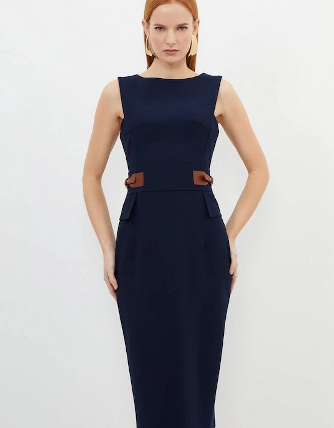 Compact Stretch Tab Waist Detail Tailored Midi Dress, 5 of 4