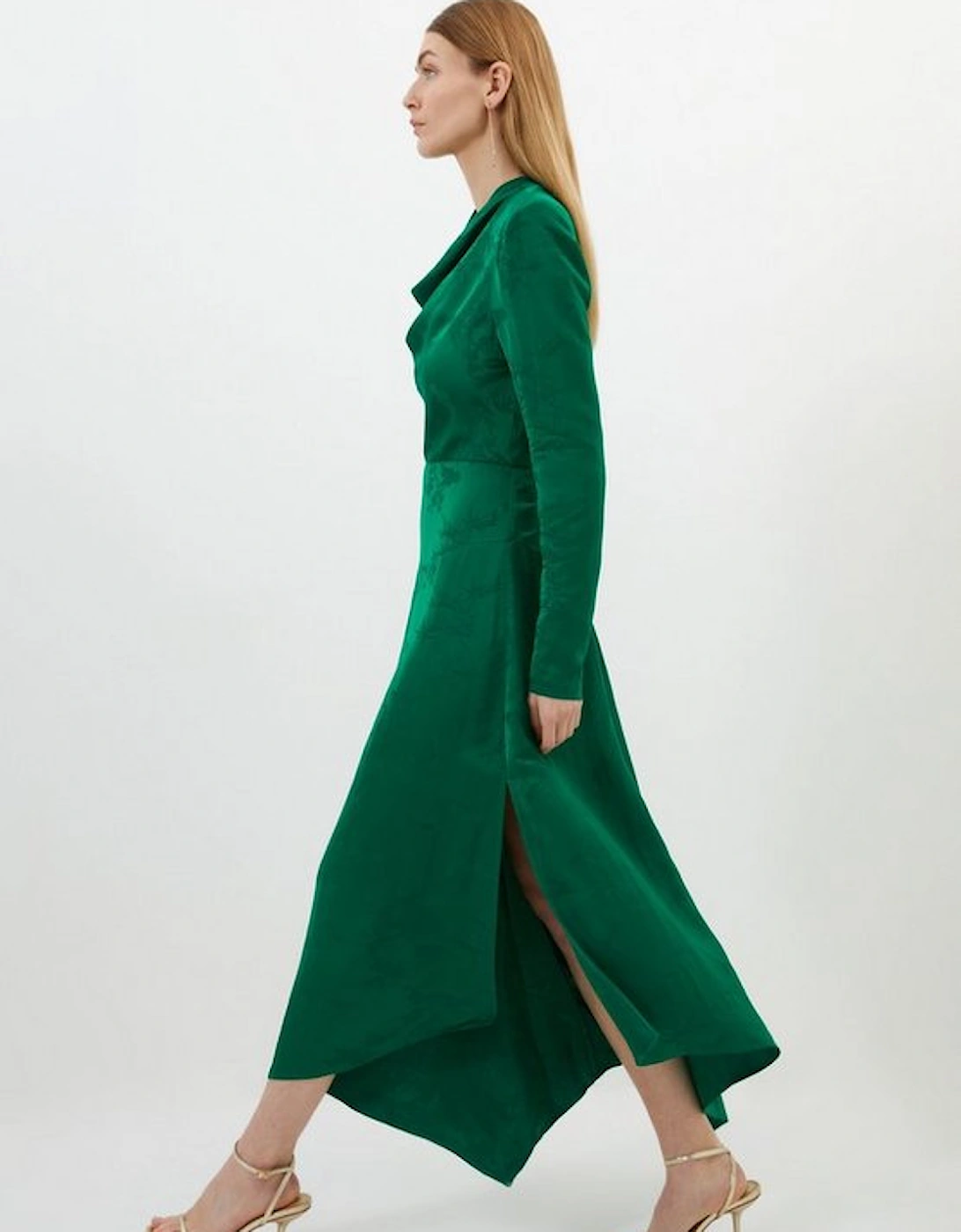 Petite Premium Jacquard Cowl Long Sleeve Woven Midi Dress