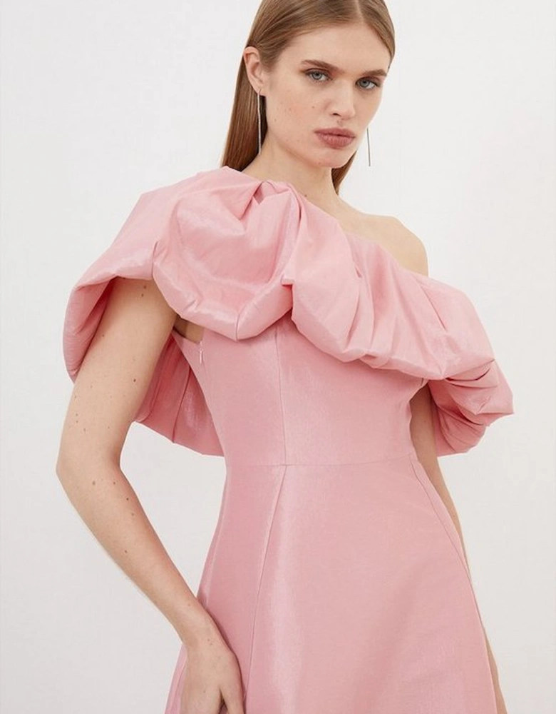 Metallic Taffeta One Shoulder Ruffle Full Skirt Tailored Maxi Dress