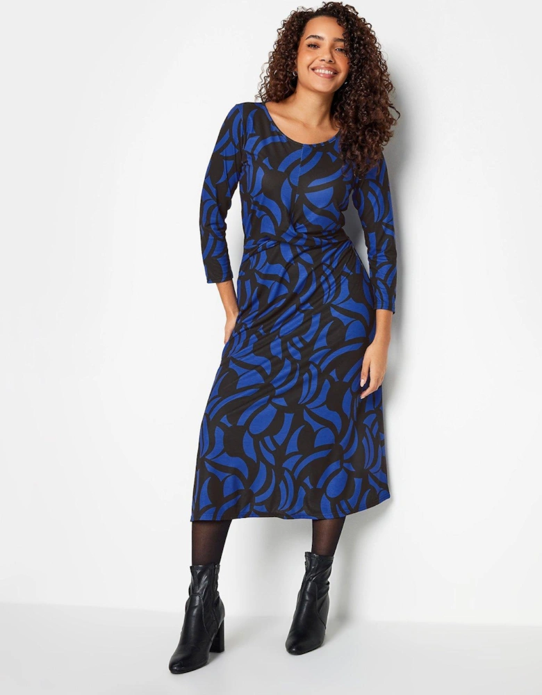 Black Blue Geometric Twist Front Midaxi Dress