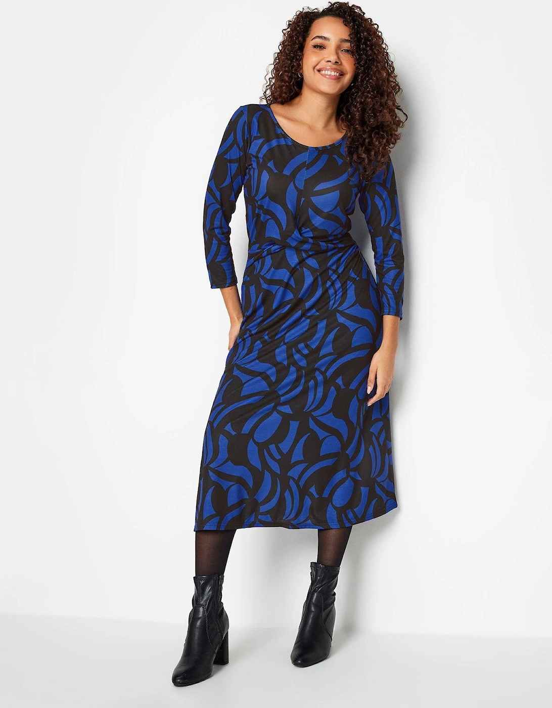 Black Blue Geometric Twist Front Midaxi Dress, 2 of 1