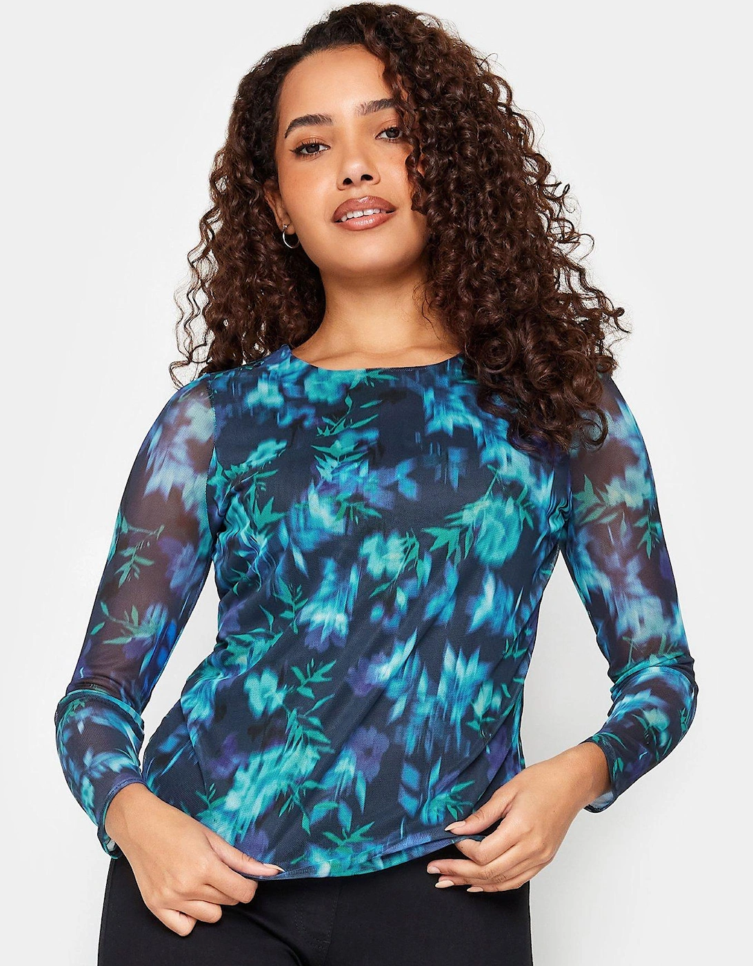 Blue Floral Mesh Long Sleeve Top, 2 of 1