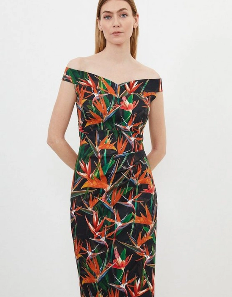 Tailored Tropical Lily Print Cotton Sateen Bardot Midi Dress