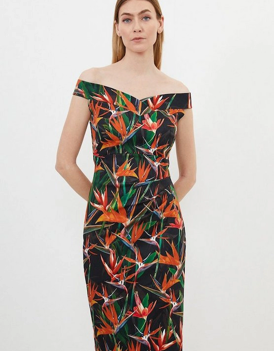Tailored Tropical Lily Print Cotton Sateen Bardot Midi Dress, 5 of 4