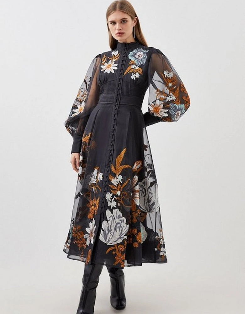 Petite Premium Embroidered Beaded Organdie Woven Maxi Dress