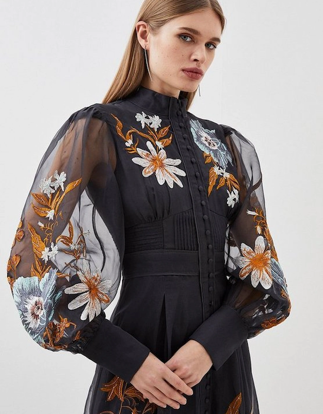 Petite Premium Embroidered Beaded Organdie Woven Maxi Dress