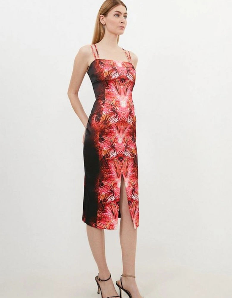 Tailored Abstract Floral Print Strappy Midi Dress