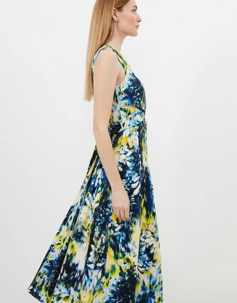 Tailored Blurred Wisteria Print Full Skirt Midi Dress