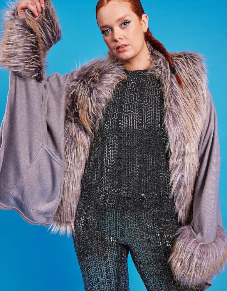 Grey Knitted Luxury Faux Fur Cape