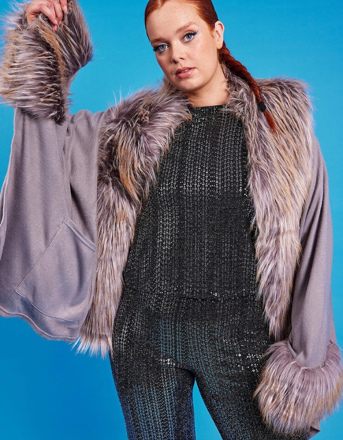 Grey Knitted Luxury Faux Fur Cape