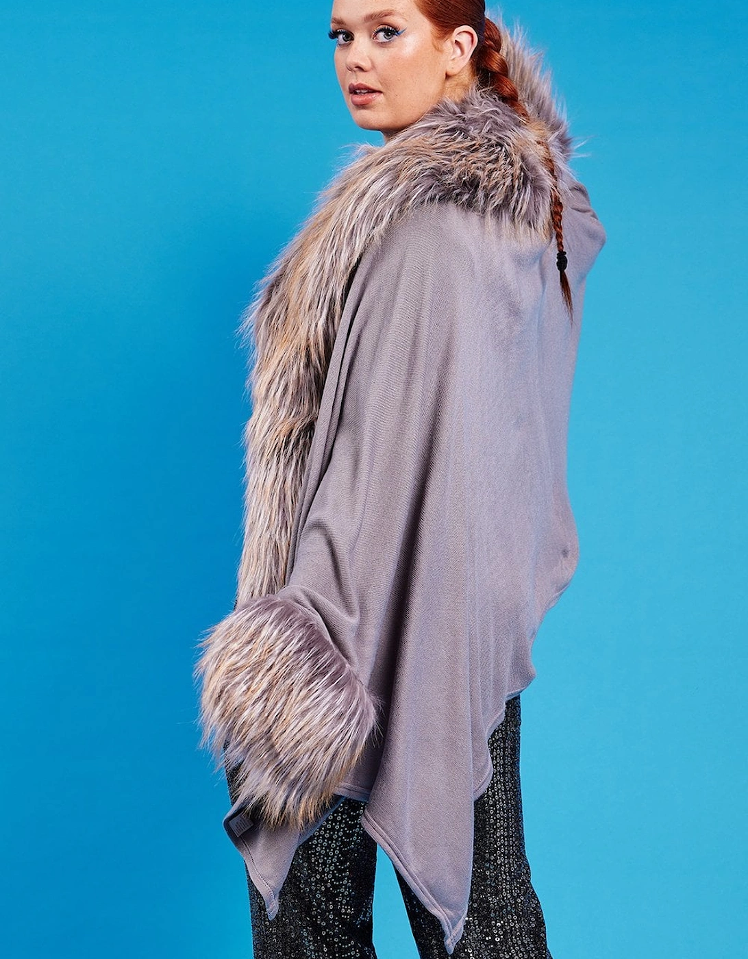 Grey Knitted Luxury Faux Fur Cape