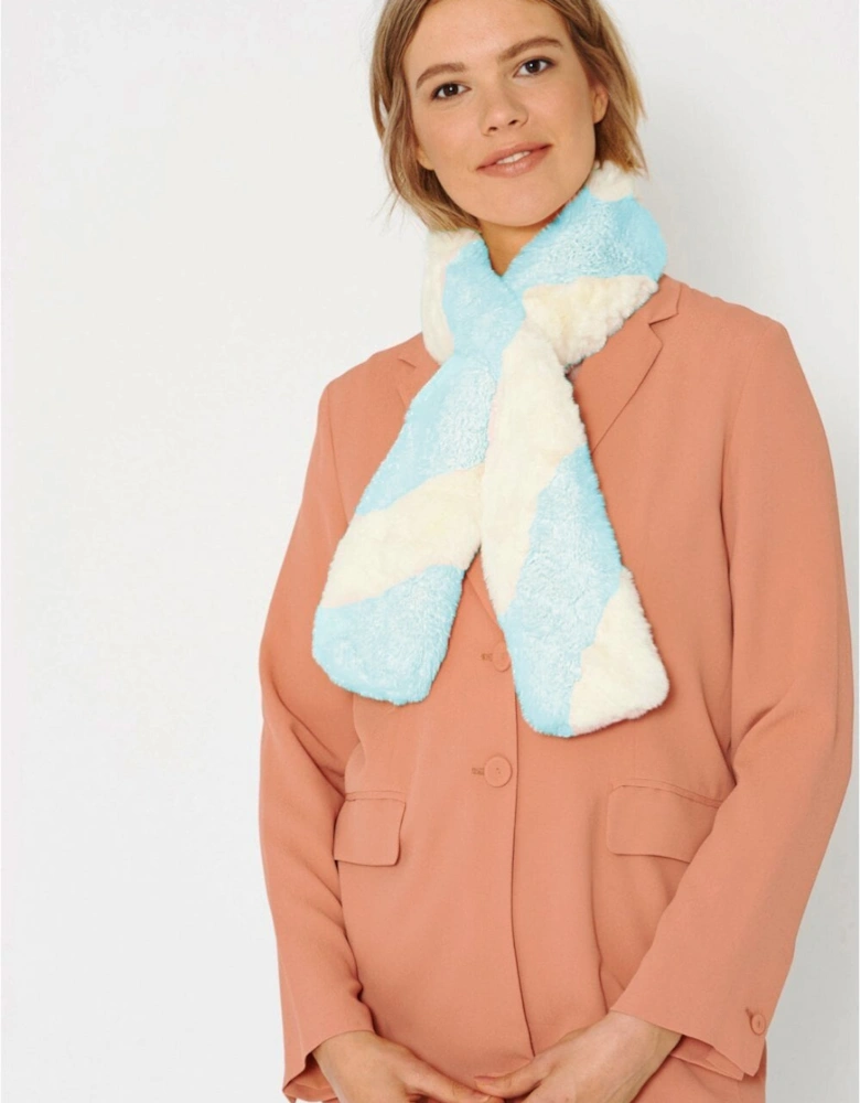 Faux Fur Contrast Blue and White Scarf