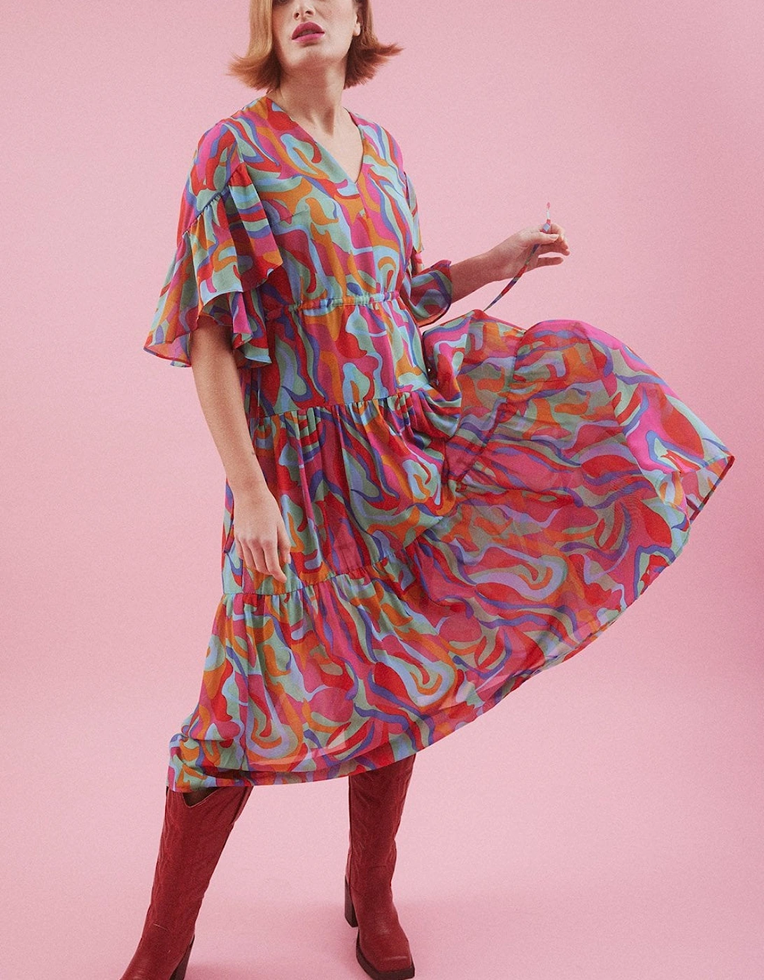 Abstract Pink Midi Dress with Flutter Sleeves, 5 of 4