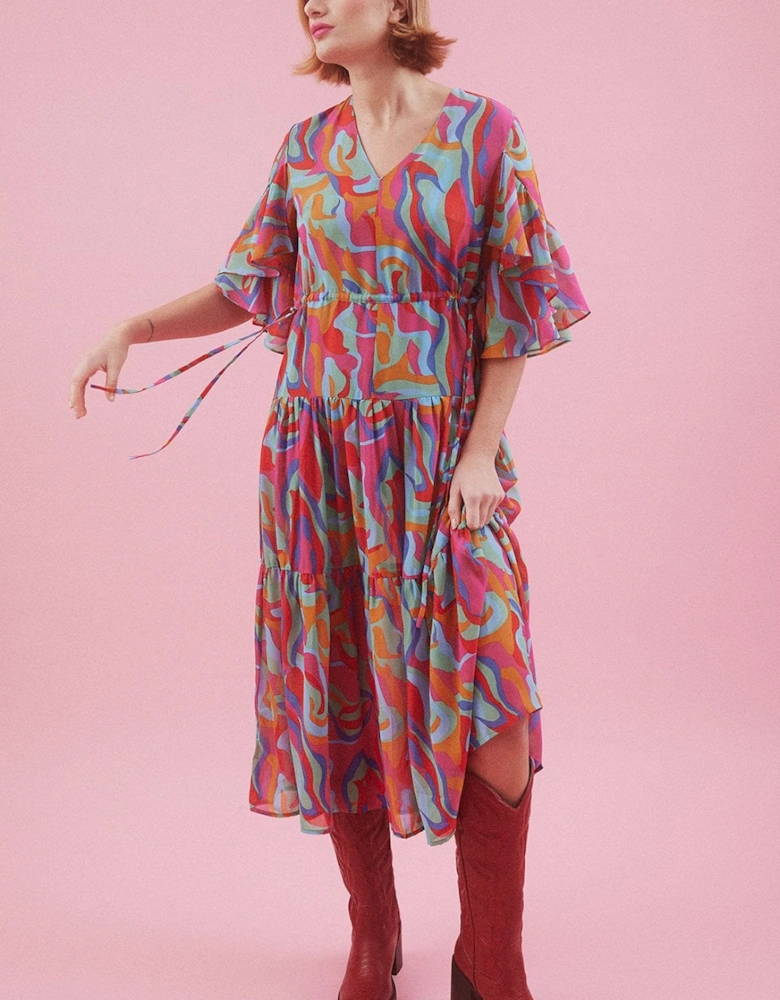 Abstract Pink Midi Dress with Flutter Sleeves