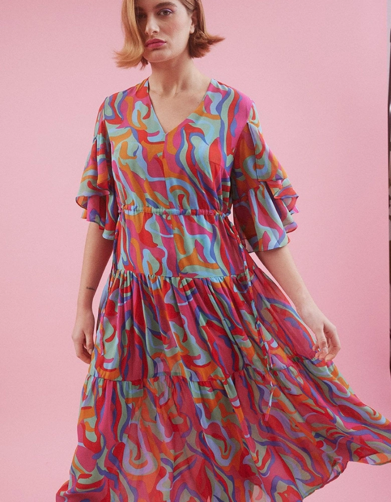 Abstract Pink Midi Dress with Flutter Sleeves