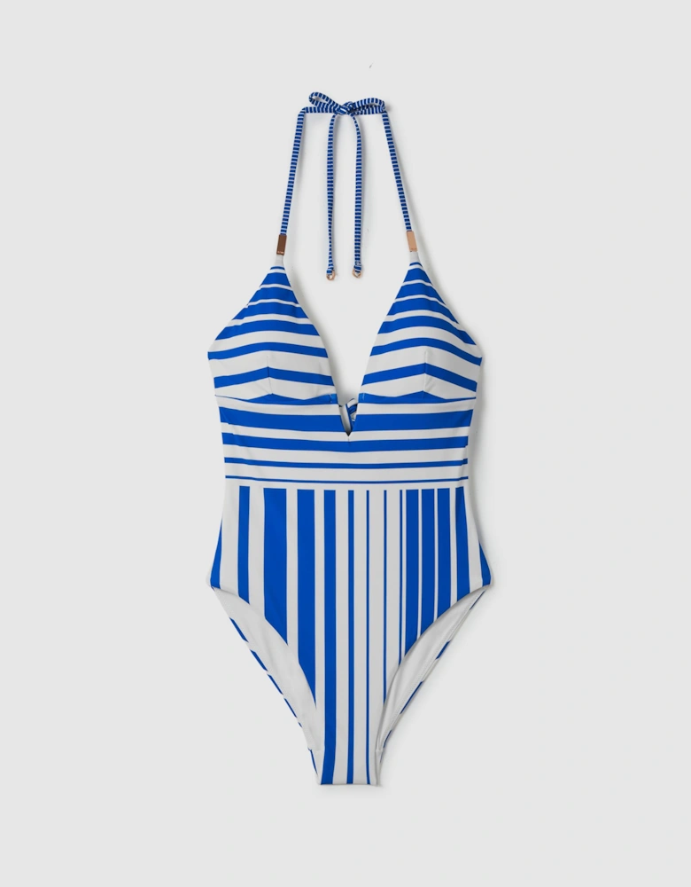 Striped Plunge Neck Swimsuit
