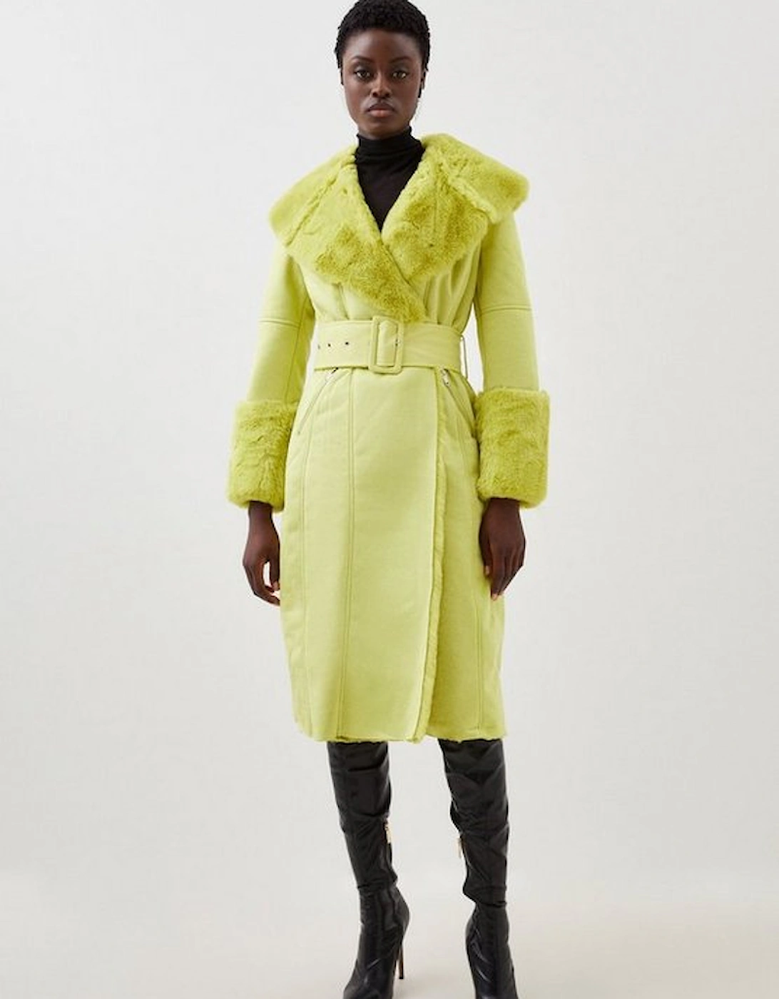 Faux Shearling Collar & Cuff Belted Long Coat, 5 of 4