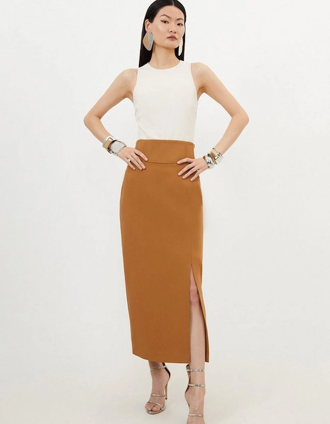 Petite Compact Stretch Side Split Tailored Midi Pencil Skirt, 5 of 4