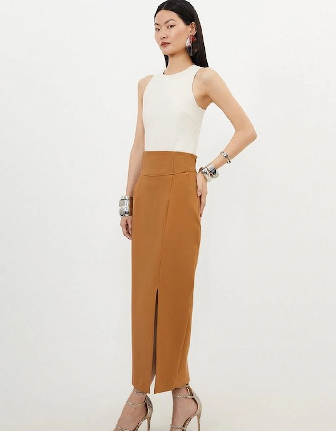 Petite Compact Stretch Side Split Tailored Midi Pencil Skirt