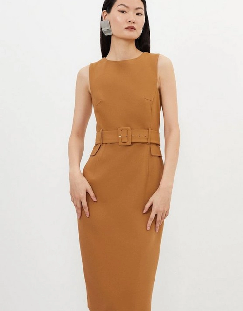 Petite Compact Stretch Belted Tailored Midi Pencil Dress