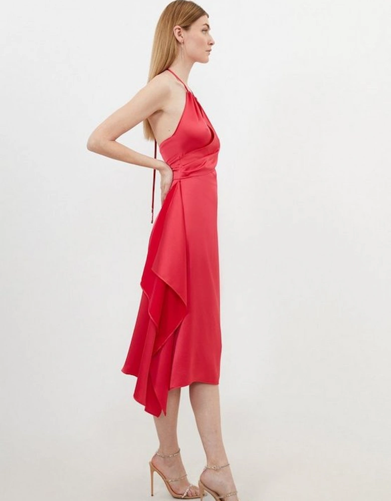 Petite Satin Back Crepe Draped Wrap Halter Neck Midi Dress