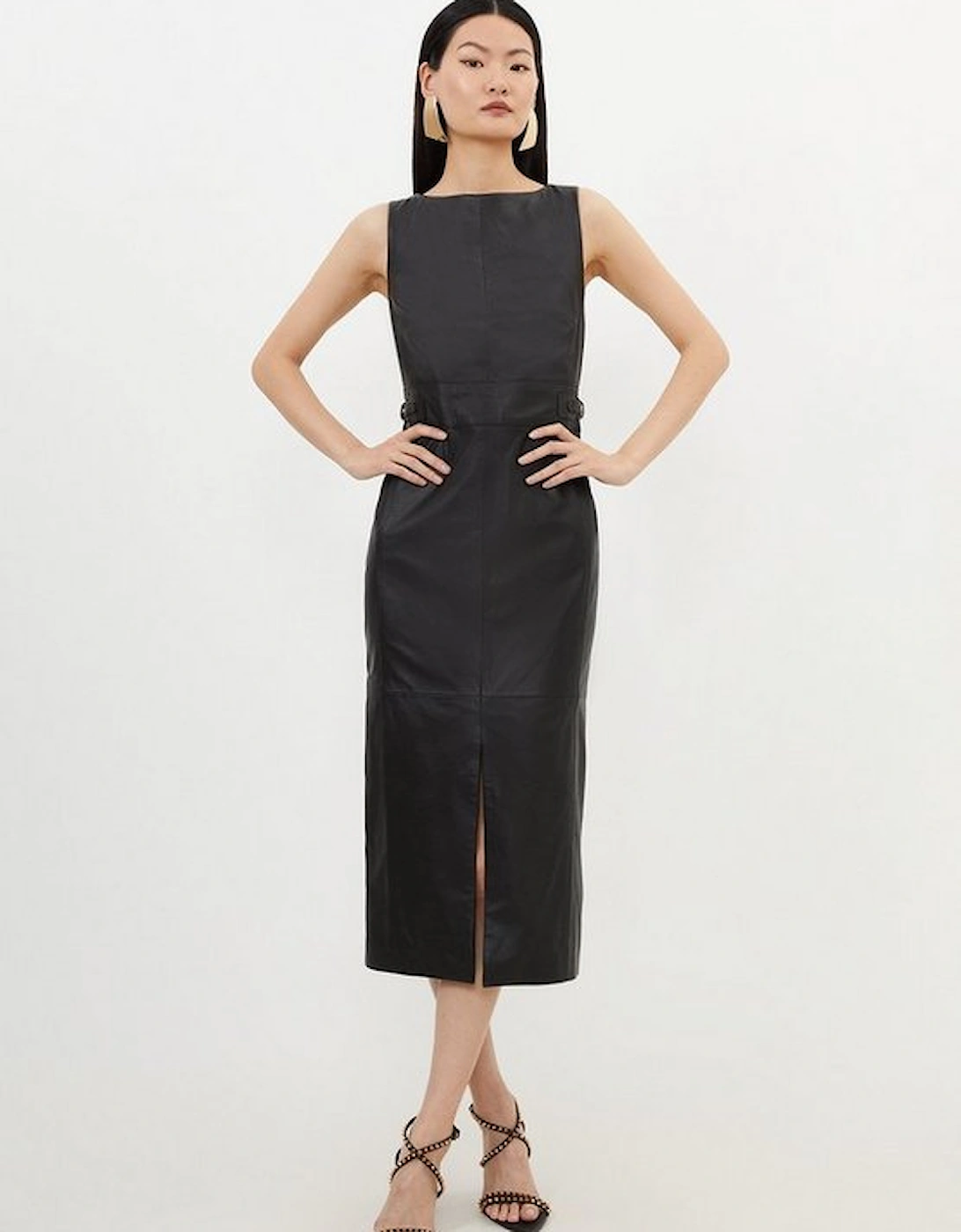 Leather Waist Tab Detail Tailored Midaxi Pencil Dress, 5 of 4